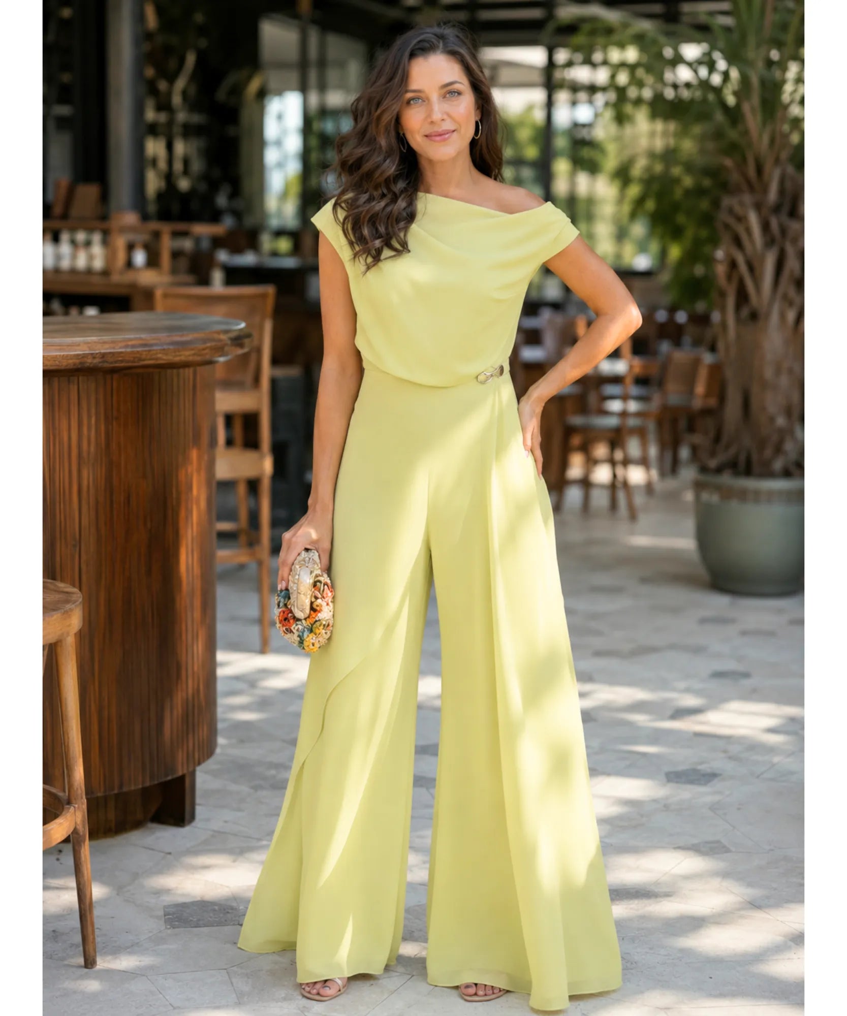 Comprar macacão pantalona feminino chiffon ombro a ombro amarelo em promoção Anellimn
