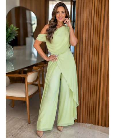 Comprar macacão pantalona feminino chiffon ombro a ombro verde limão em promoção Anellimn