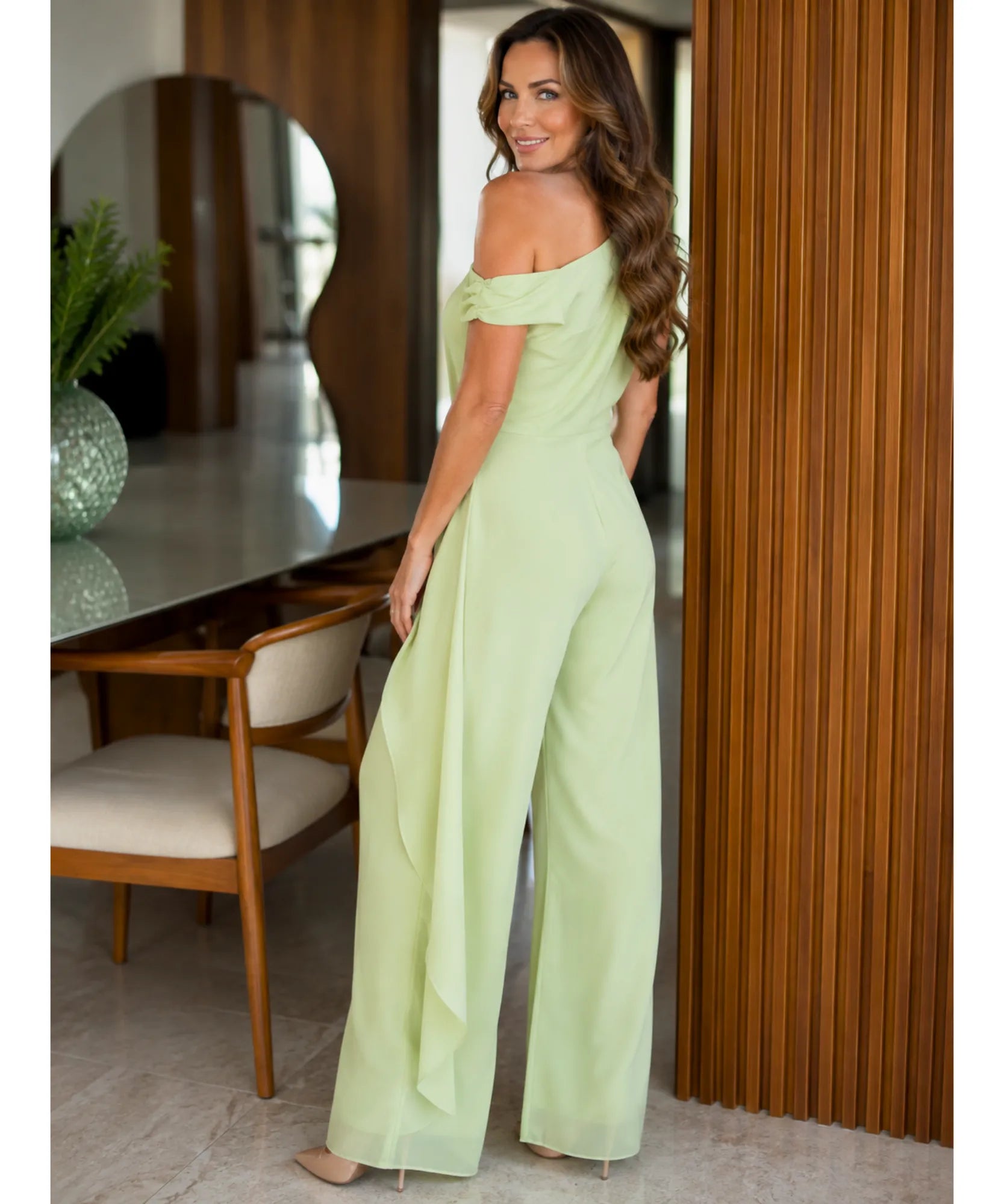 Comprar macacão pantalona feminino chiffon drapeado nas costas verde limão em promoção Anellimn