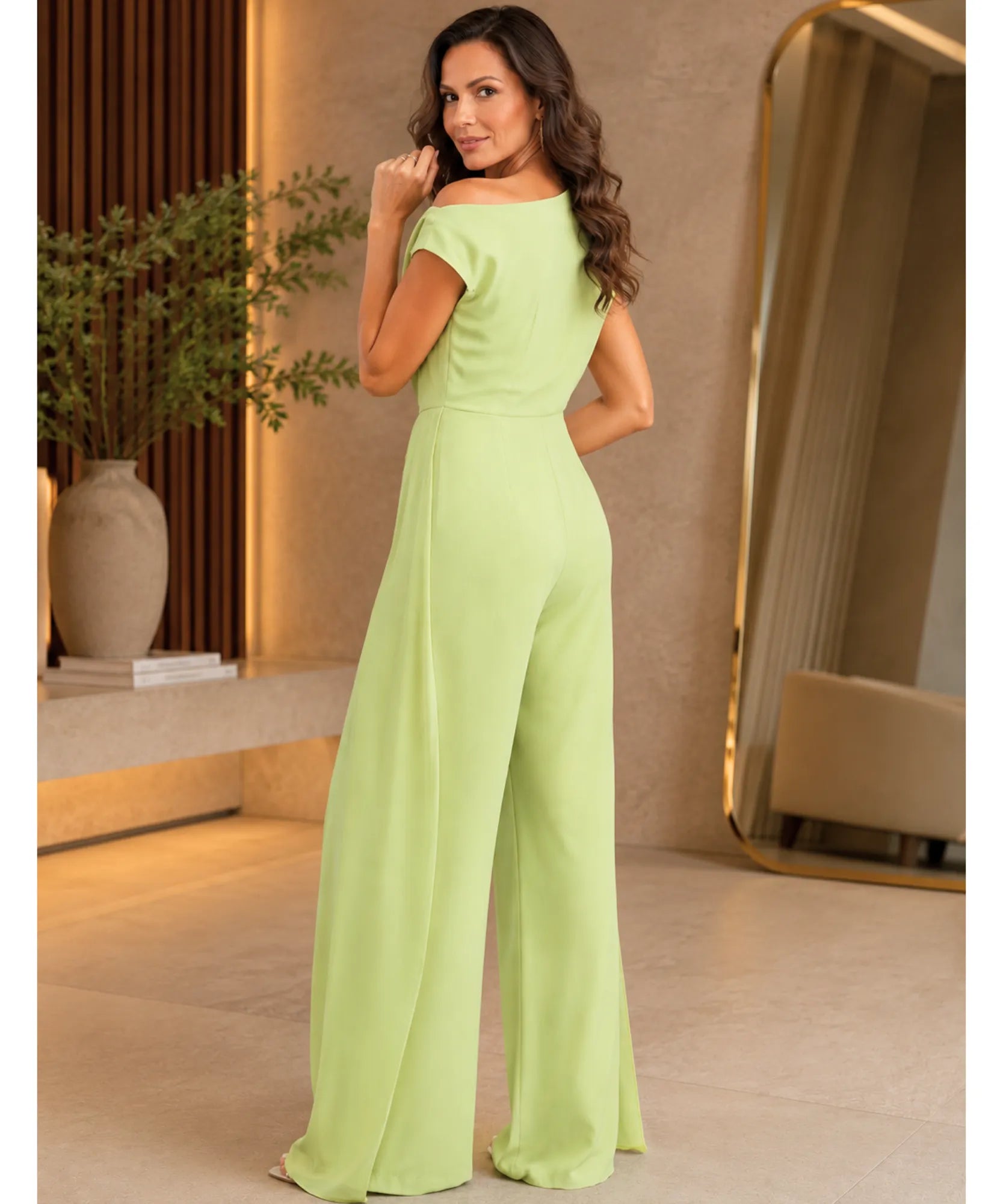 Comprar macacão pantalona feminino chiffon perna larga verde limão em promoção Anellimn