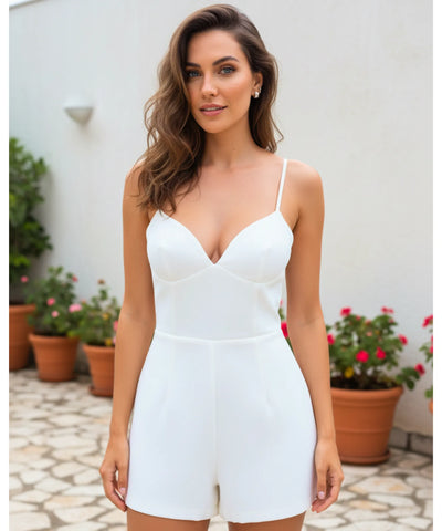 Comprar macaquinho alfaiataria branco feminino verão com laço floral alças ajustáveis shorts curto casual social barato ZARA
