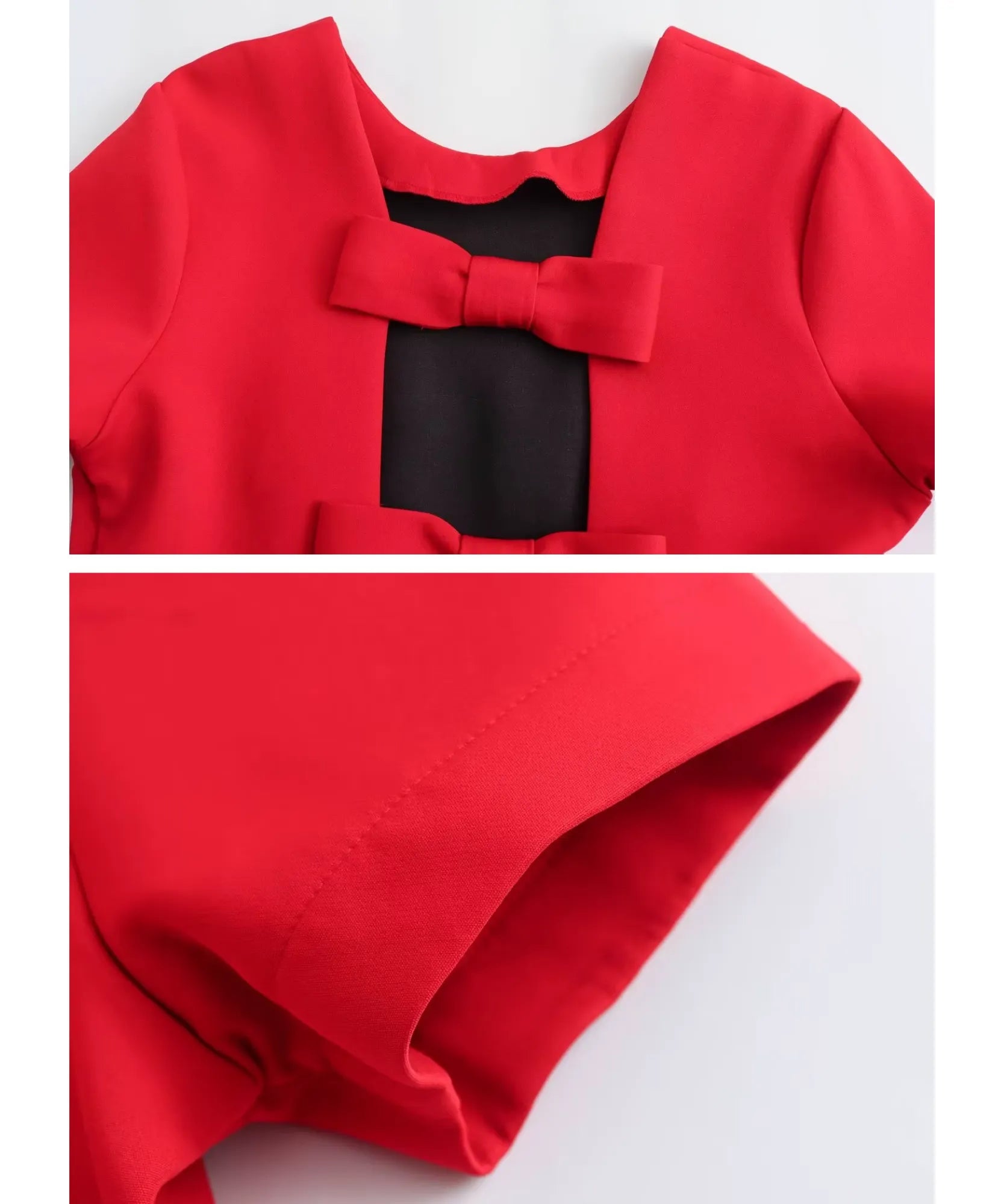 Detalhe do laço decorativo e do acabamento em tecido alfaiataria vermelho