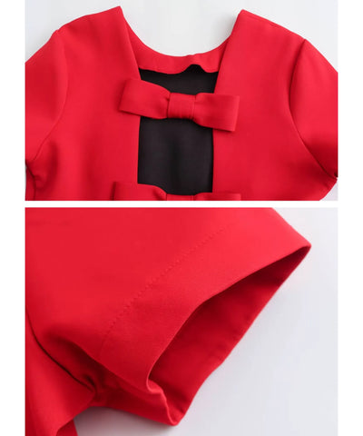 Detalhe do laço decorativo e do acabamento em tecido alfaiataria vermelho