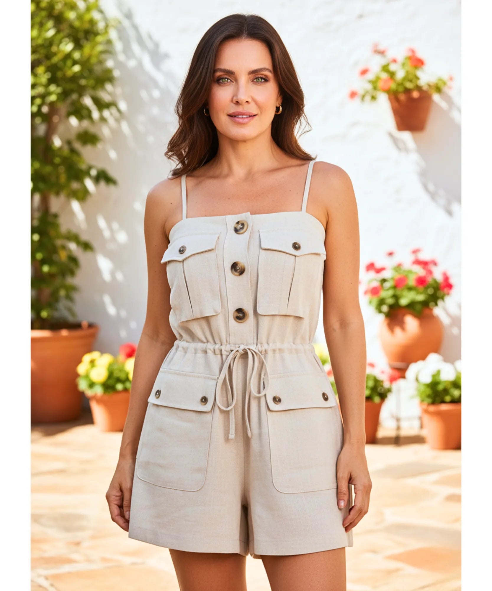 Comprar macaquinho feminino branco bolsos funcionais cinto amarrado cargo casual em promoção ZARA
