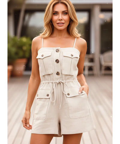 Macaquinho Feminino Branco Bolsos Macacão Curto Casual | Elbrús