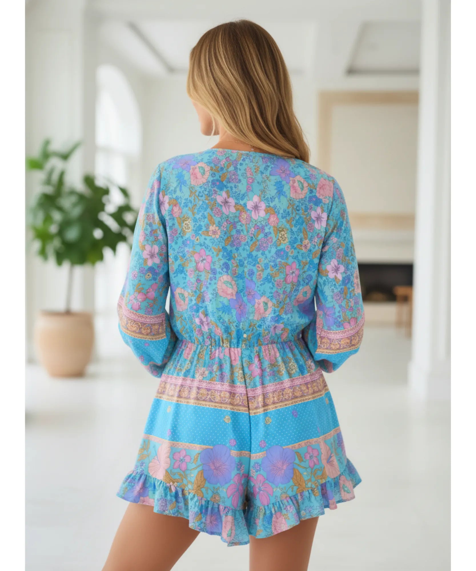 Comprar macaquinho feminino estampado manga longa decote V cintura ajustável barato ZARA

