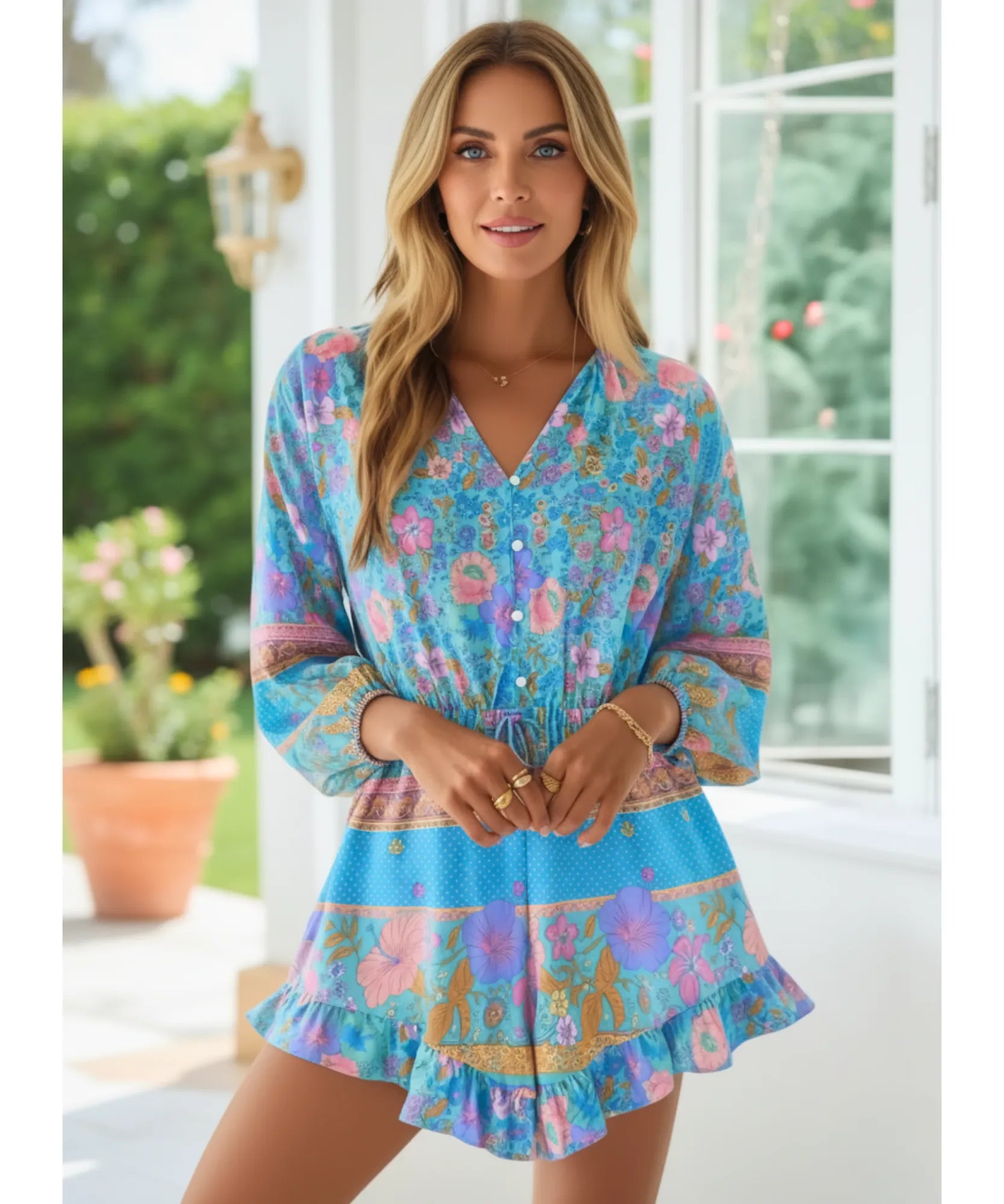 Comprar macaquinho feminino estampado manga longa decote V cintura ajustável barato ZARA

