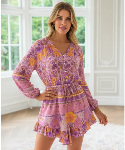 Macaquinho Feminino Estampado Manga Longa Decote v Boho | Jana