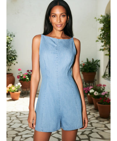 Comprar macaquinho feminino jeans com amarração frontal alça fina short soltinho casual verão em promoção ZARA

