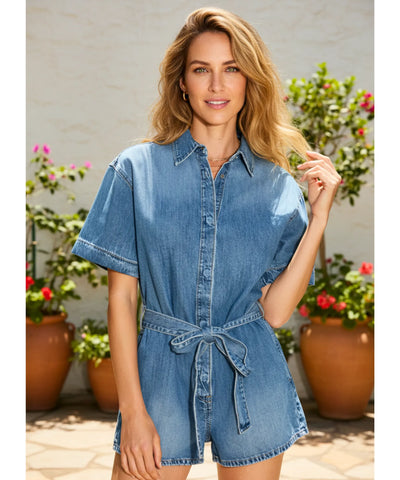 Comprar macaquinho feminino jeans manga curta cinto amarrado casual azul barato ANELLIMN
