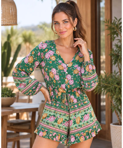 Macaquinho feminino verde estampado com manga longa e decote V