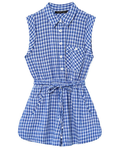 Comprar macaquinho feminino xadrez sem manga com cinto azul barato Anellimn