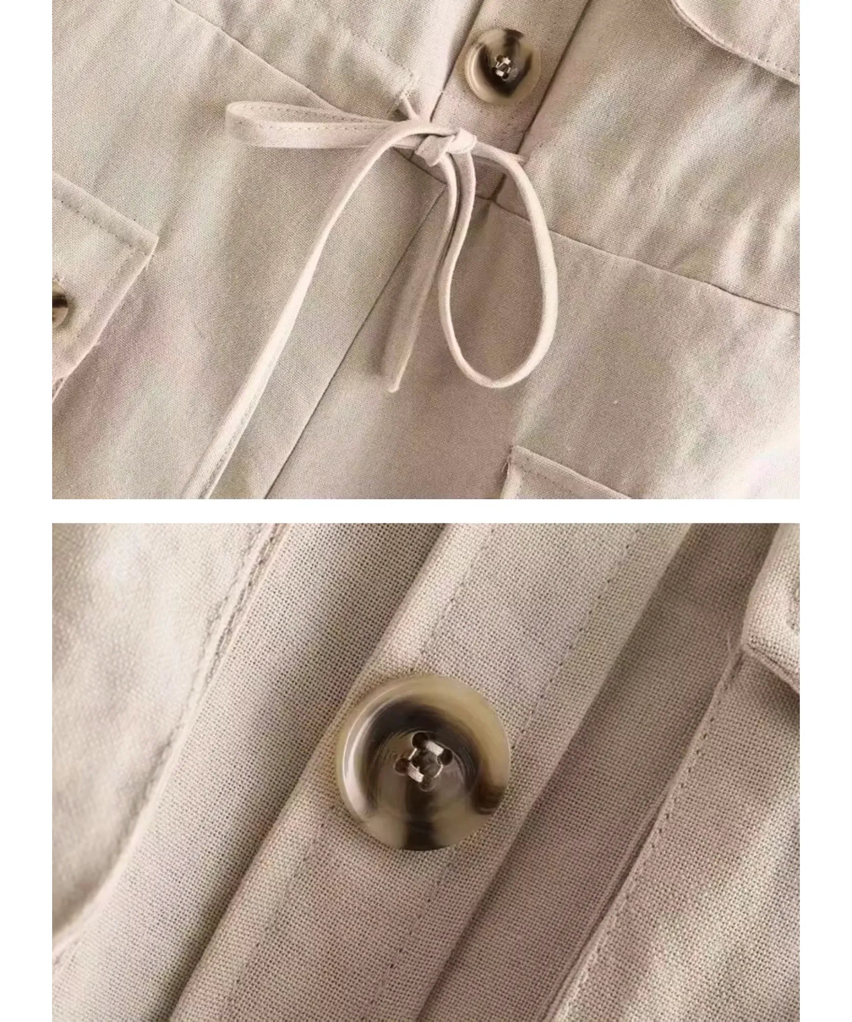 Macaquinho feminino de linho off white, detalhe da amarração e do botão