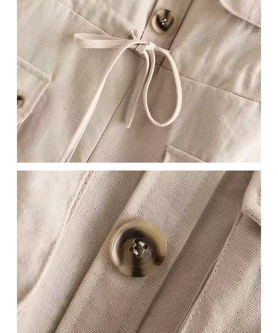 Macaquinho feminino de linho off white, detalhe da amarração e do botão