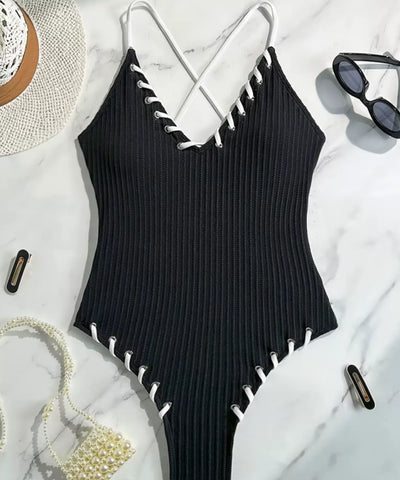 Comprar maiô feminino com bojo decote V costas cruzadas preto em promoção Anellimn