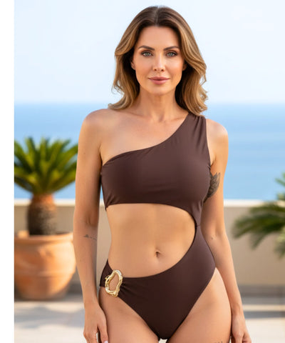 Comprar maiô feminino um ombro só recortes assimétrico elegante praia piscina marrom barato ou em promoção ANELLIMN
