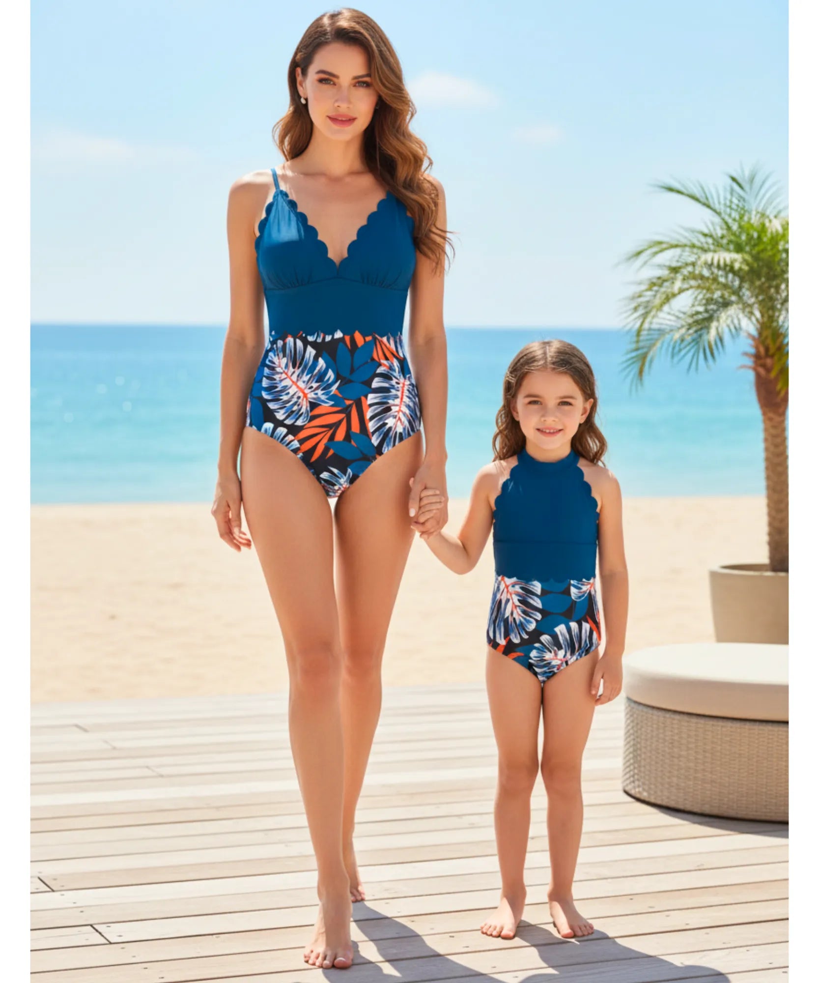 Comprar maiô mãe e filha praia azul tropical conjunto família shorts masculino barato promoção ANELLIMN