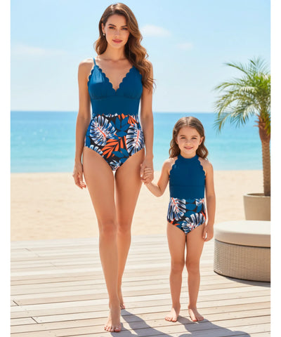 Comprar maiô mãe e filha praia azul tropical conjunto família shorts masculino barato promoção ANELLIMN