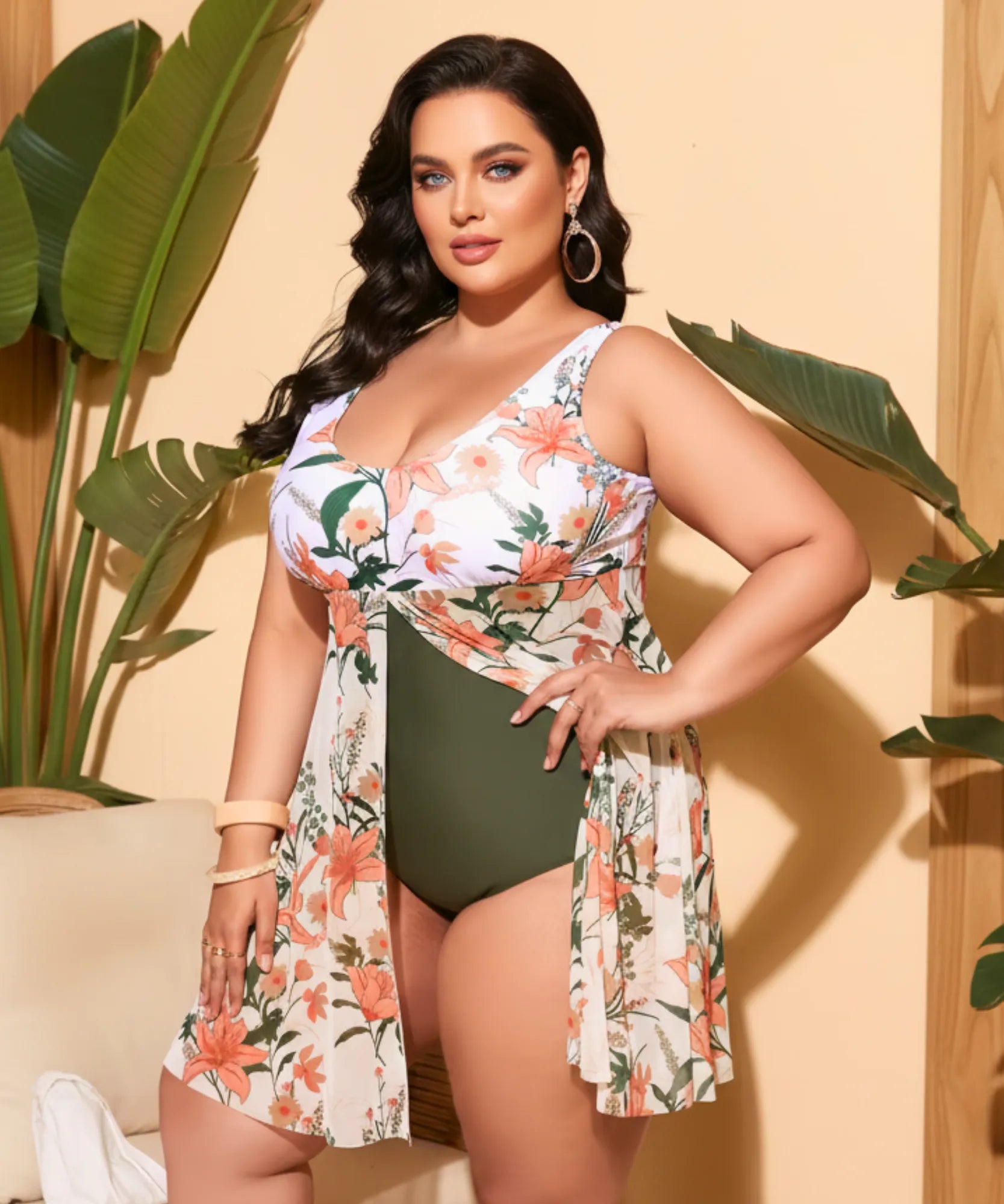 Comprar maiô plus size estampado floral modelador com bojo tecido premium praia piscina natação barato promoção ANELLIMN

