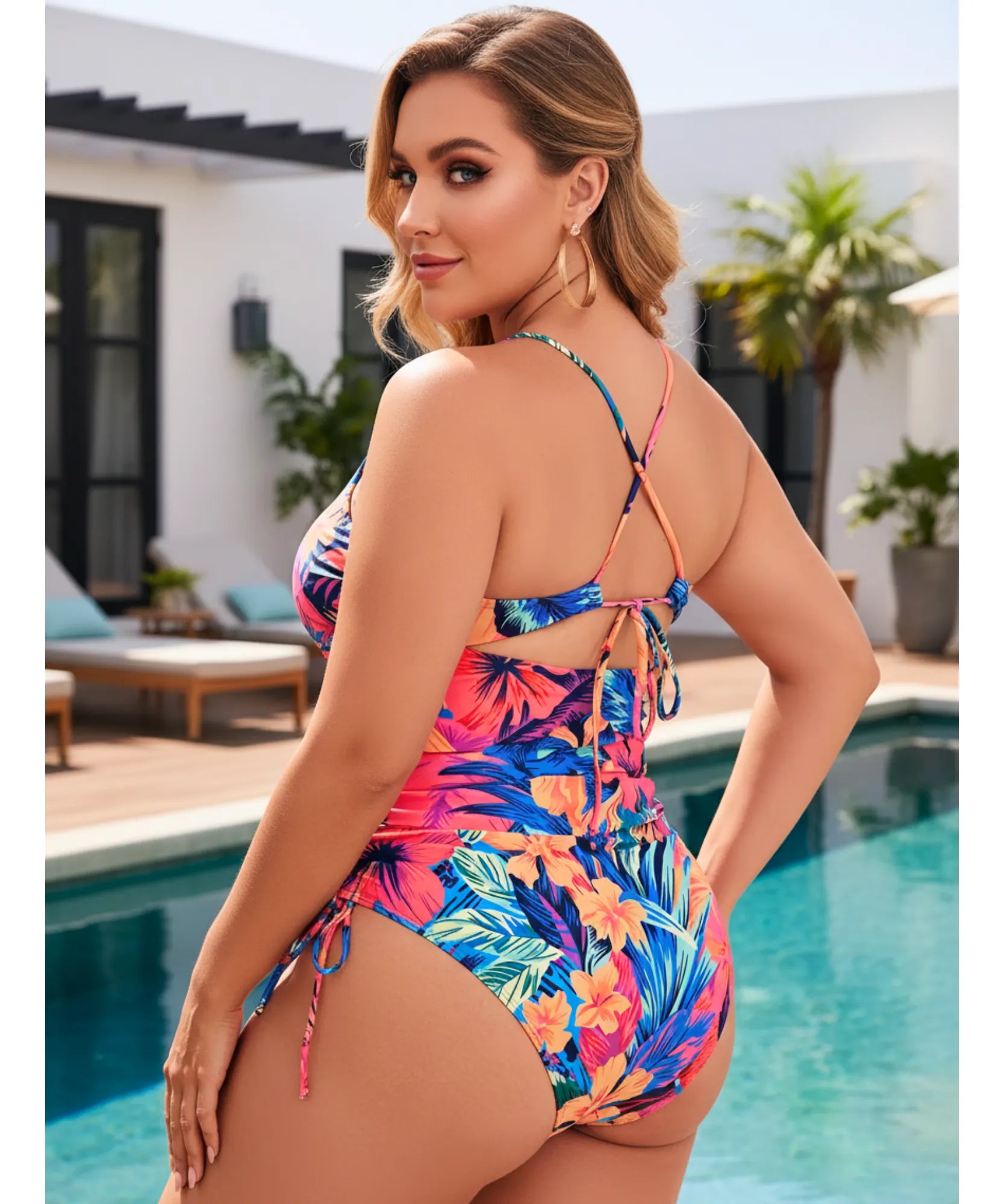 Comprar maiô plus size feminino floral tropical modelador com babados confortável para piscina praia natação barato promoção ANELLIMN

