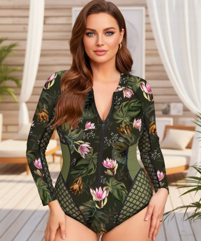 Maiô Plus Size Manga Longa Zíper Estampado Premium | Ocean