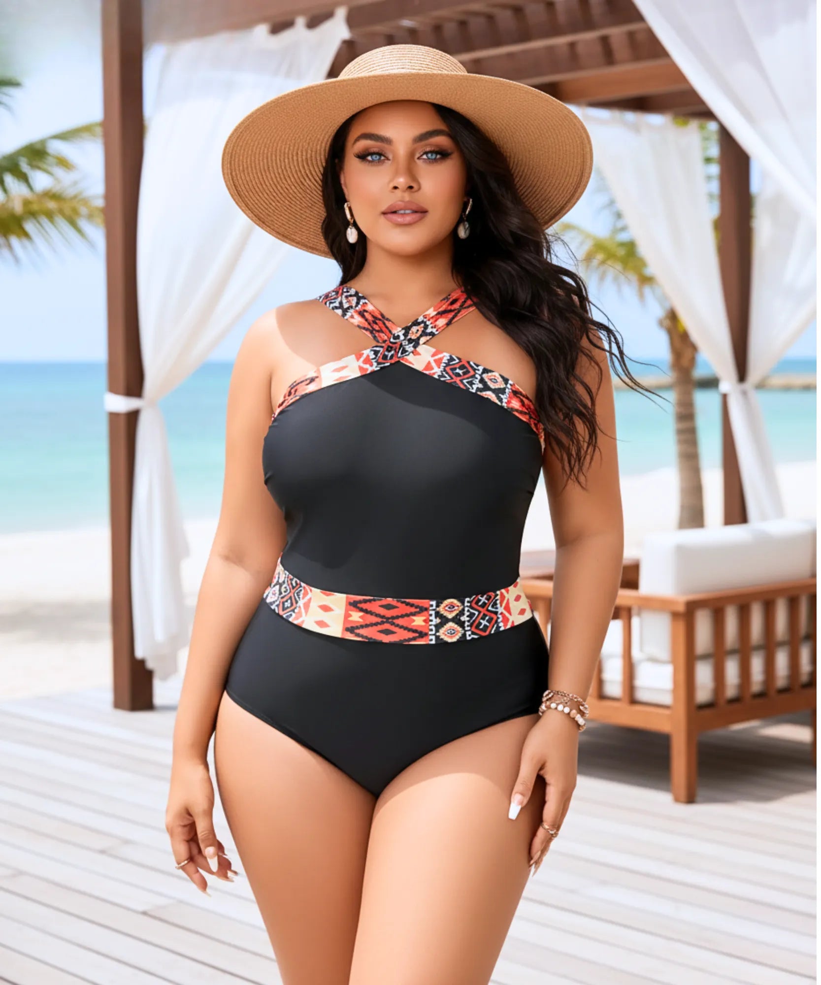 Comprar maiô plus size feminino preto elegante com recortes modeladores para natação e praia em promoção barato ANELLIMN
