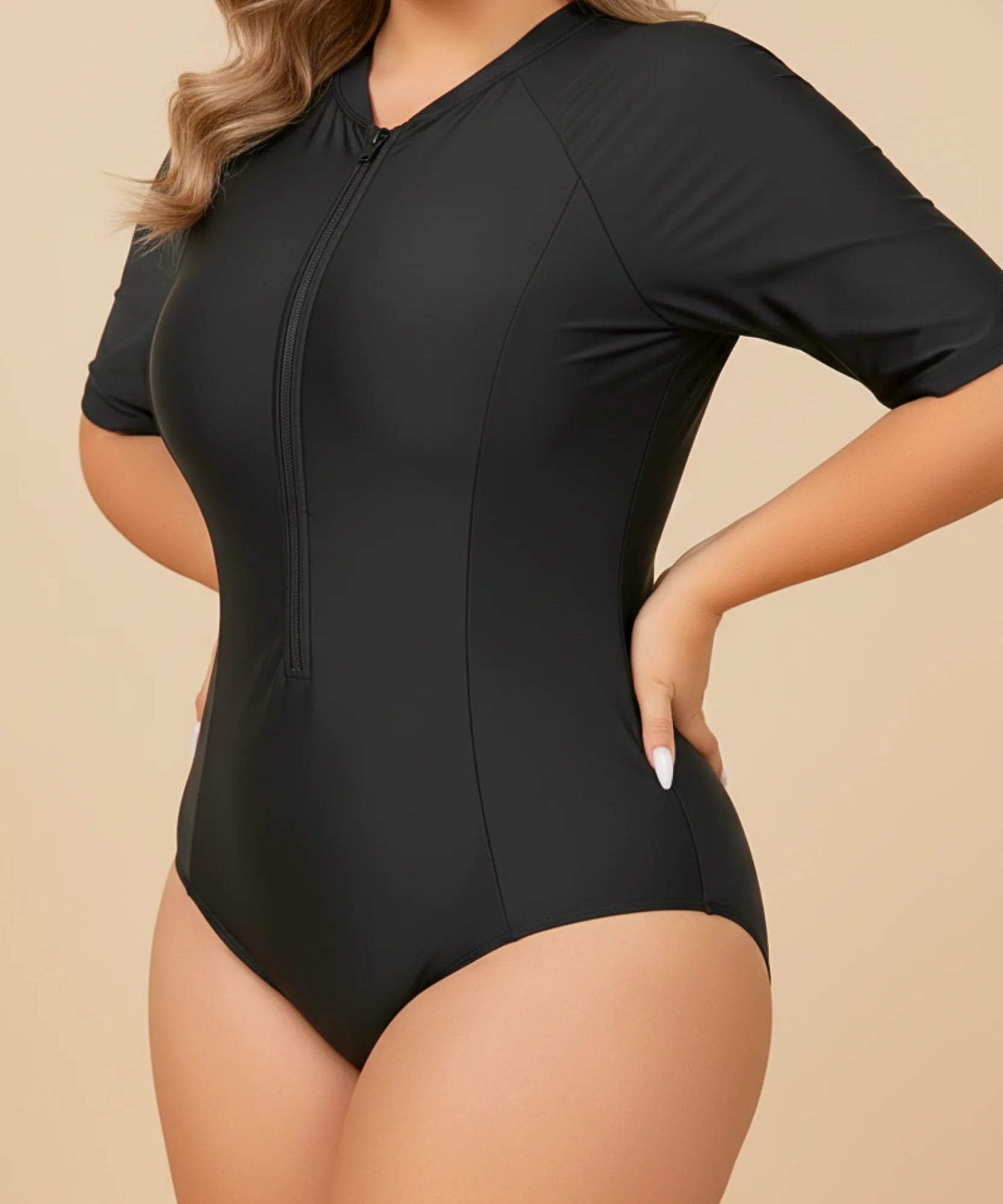  Comprar maiô plus size preto manga curta com zíper frontal modelador para natação praia piscina e surf em promoção ANELLIMN 