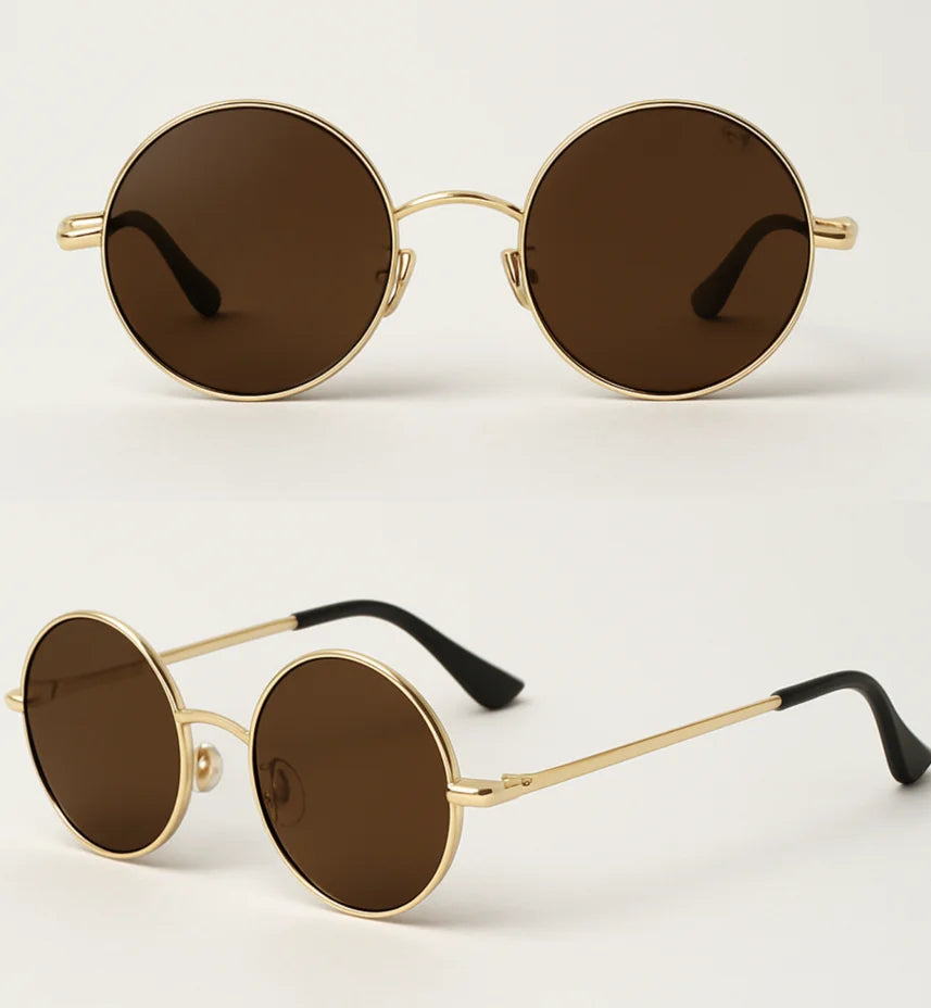 Detalhe do óculos de sol redondo feminino polarizado em dois ângulos: armação de metal dourado e lentes café | Allore Anellimn