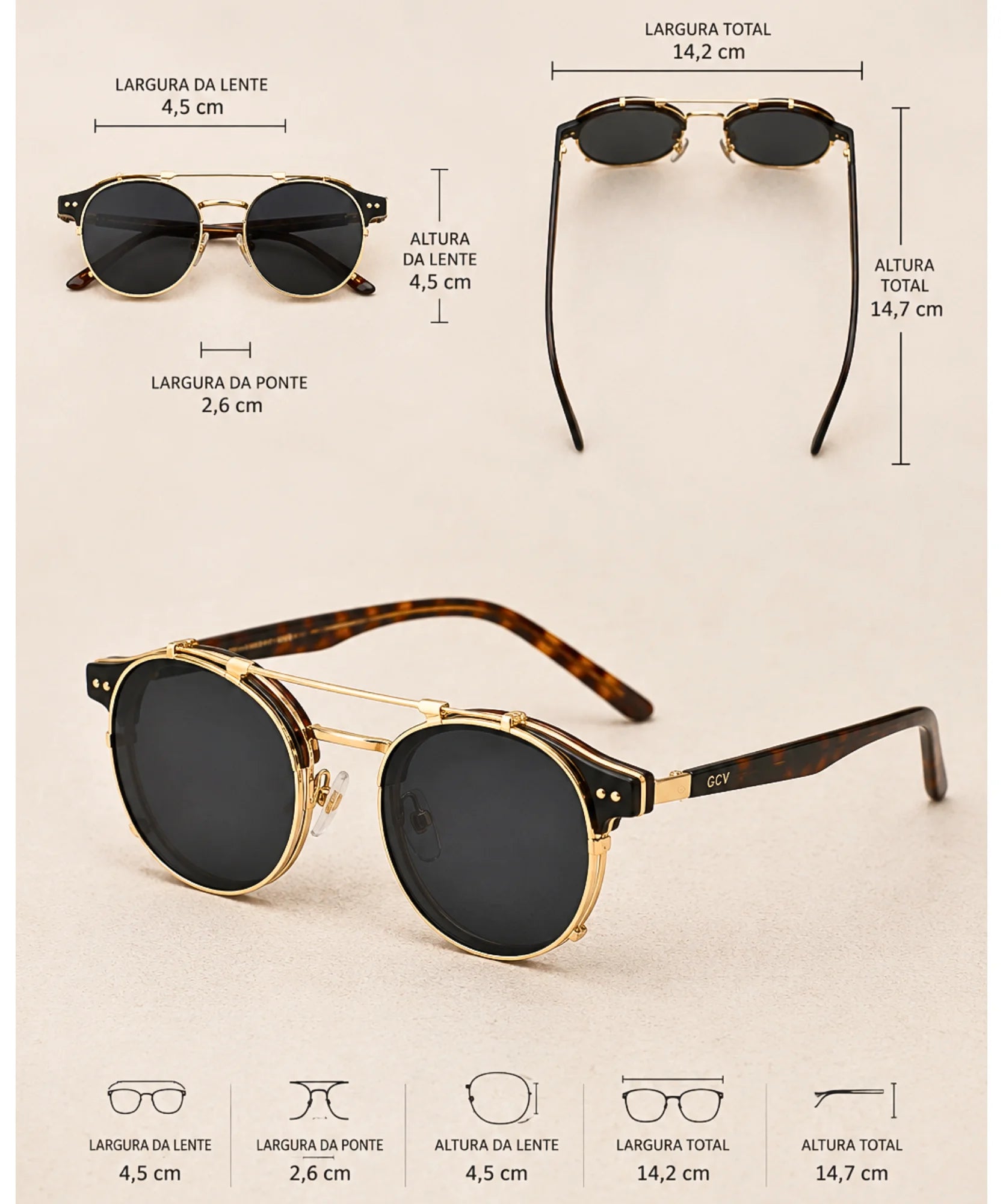 Comprar óculos de sol redondo polarizado clip on removível UV400 armação acetato metal vintage unissex barato em promoção