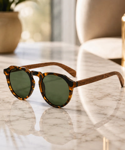 Comprar óculos de sol redondo acetato tartaruga com hastes de madeira em promoção Anellimn