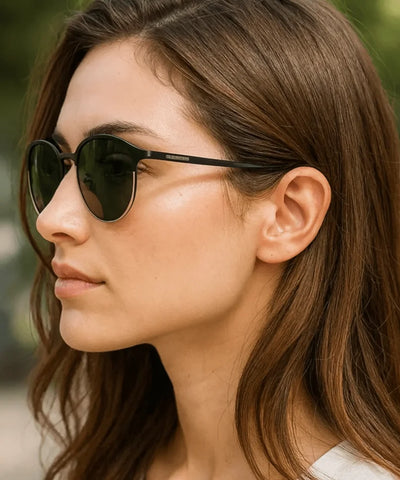  Comprar óculos de sol feminino redondo polarizado aço inoxidável premium UV400 proteção elegância barato promoção frete grátis ANELLIMN
