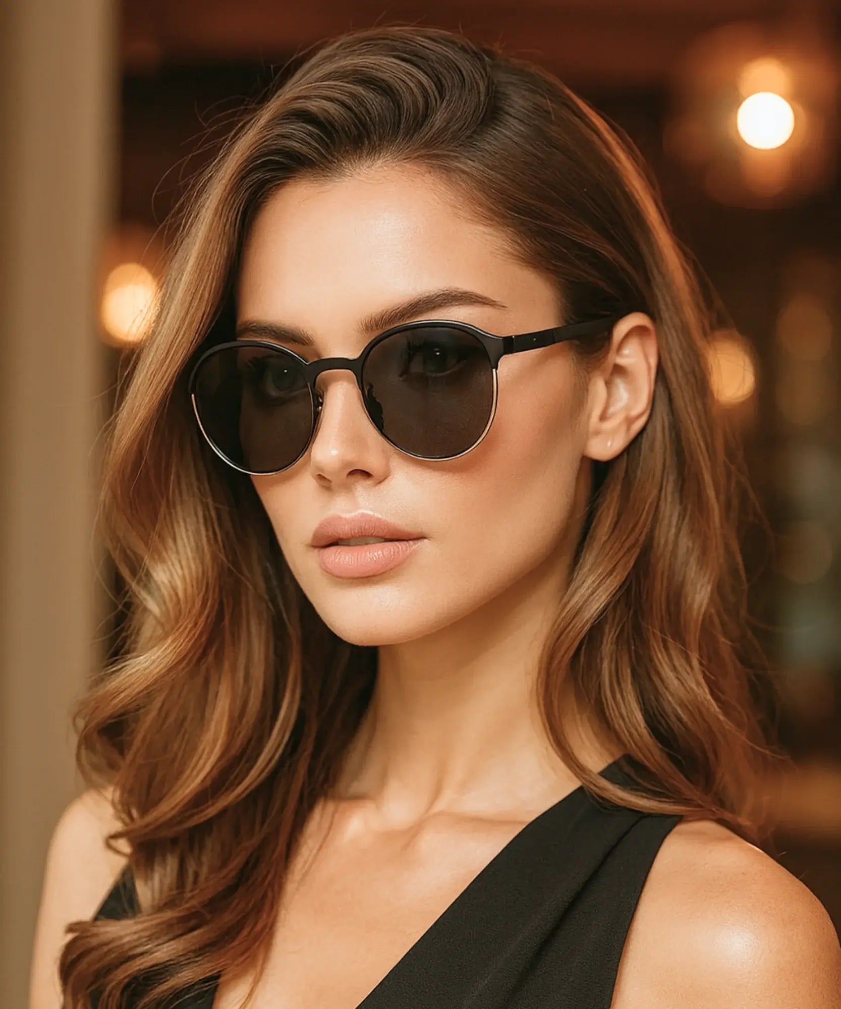 Comprar óculos de sol feminino redondo polarizado aço inoxidável premium UV400 proteção elegância barato promoção frete grátis ANELLIMN