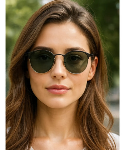  Comprar óculos de sol feminino redondo polarizado aço inoxidável premium UV400 proteção elegância barato promoção frete grátis ANELLIMN