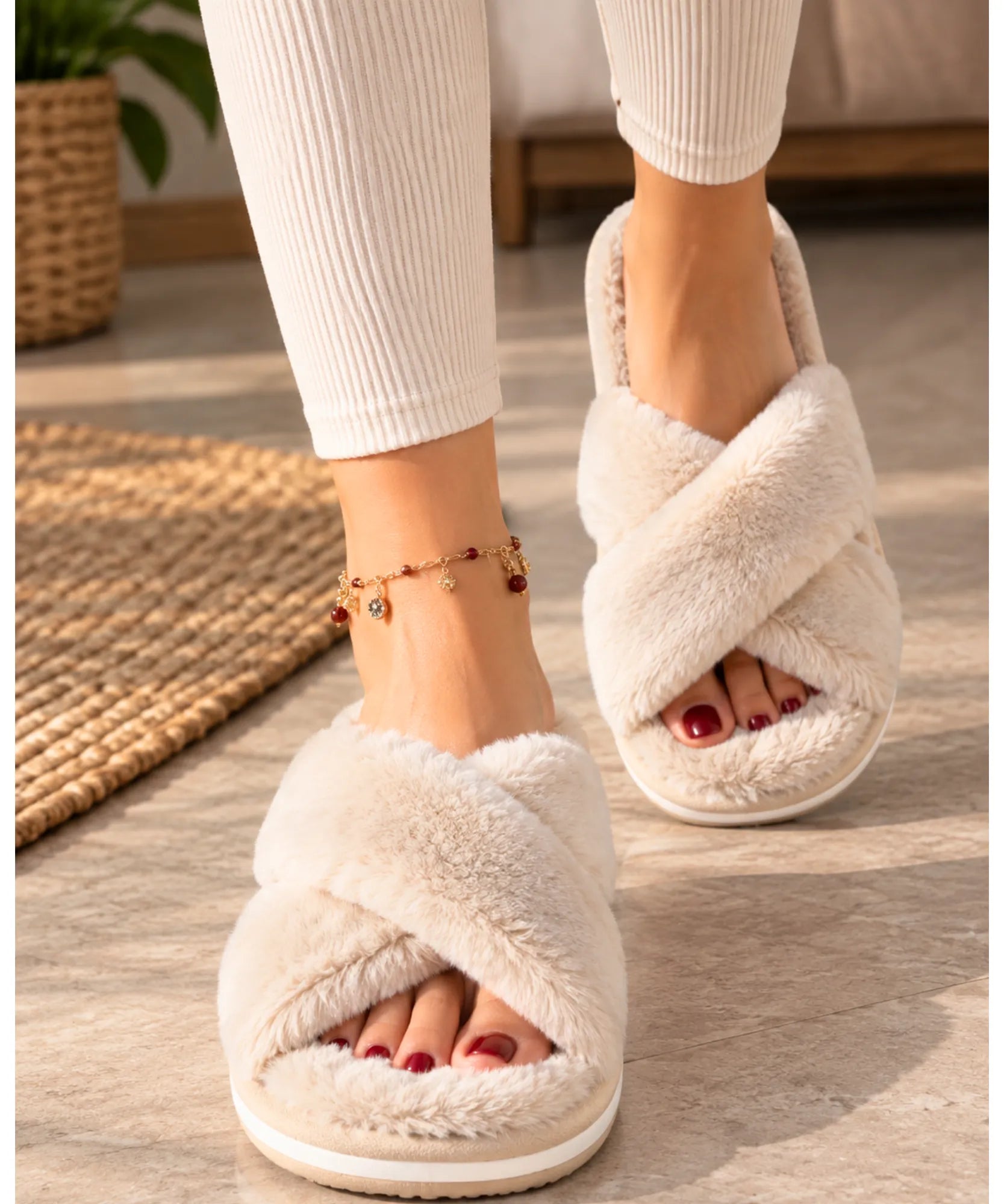 Pantufa aberta feminina de pelúcia caqui com tiras cruzadas, vista de frente