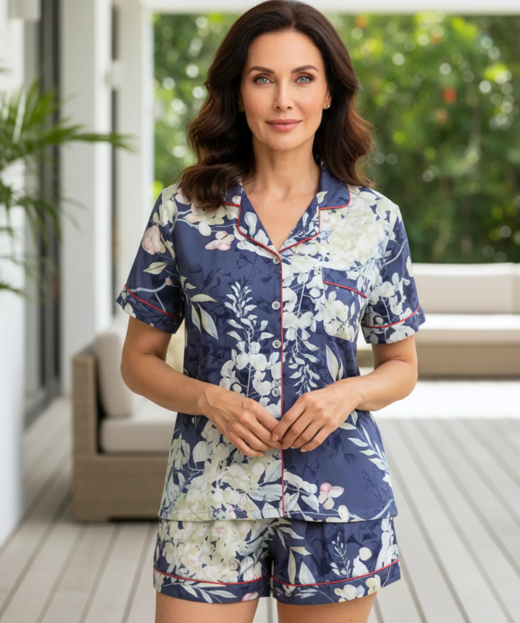 Comprar pijama americano feminino cetim viscose estampado curto manga curta shorts elegante em promoção ANELLIMN
