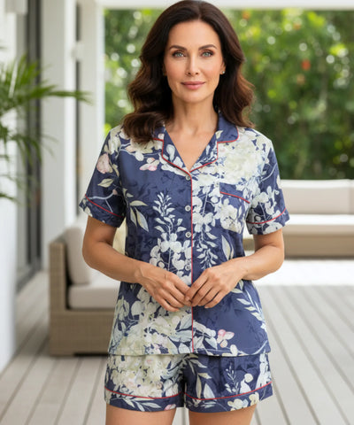 Comprar pijama americano feminino cetim viscose estampado curto manga curta shorts elegante em promoção ANELLIMN
