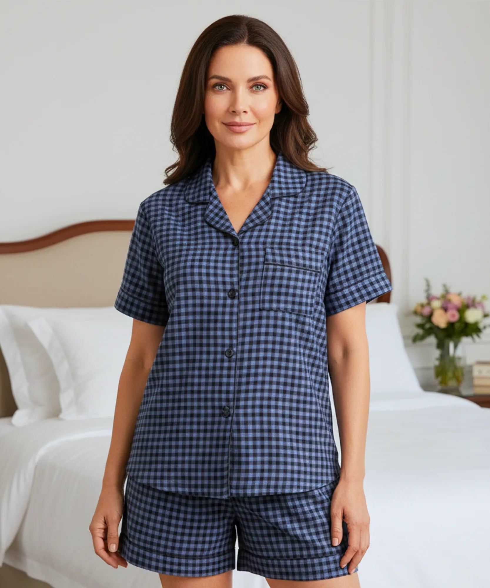 Comprar pijama curto feminino americano manga curta shorts botões algodão estampado elegante barato ZARA