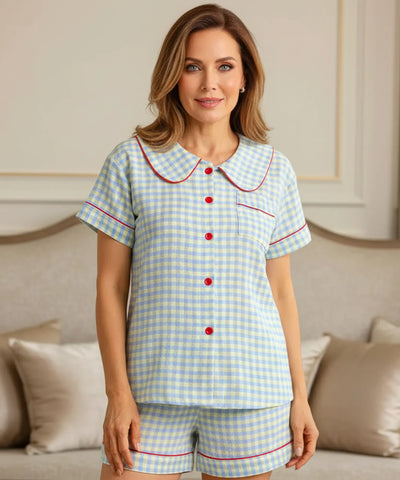 Comprar pijama curto feminino americano manga curta shorts botões algodão estampado elegante barato ZARA