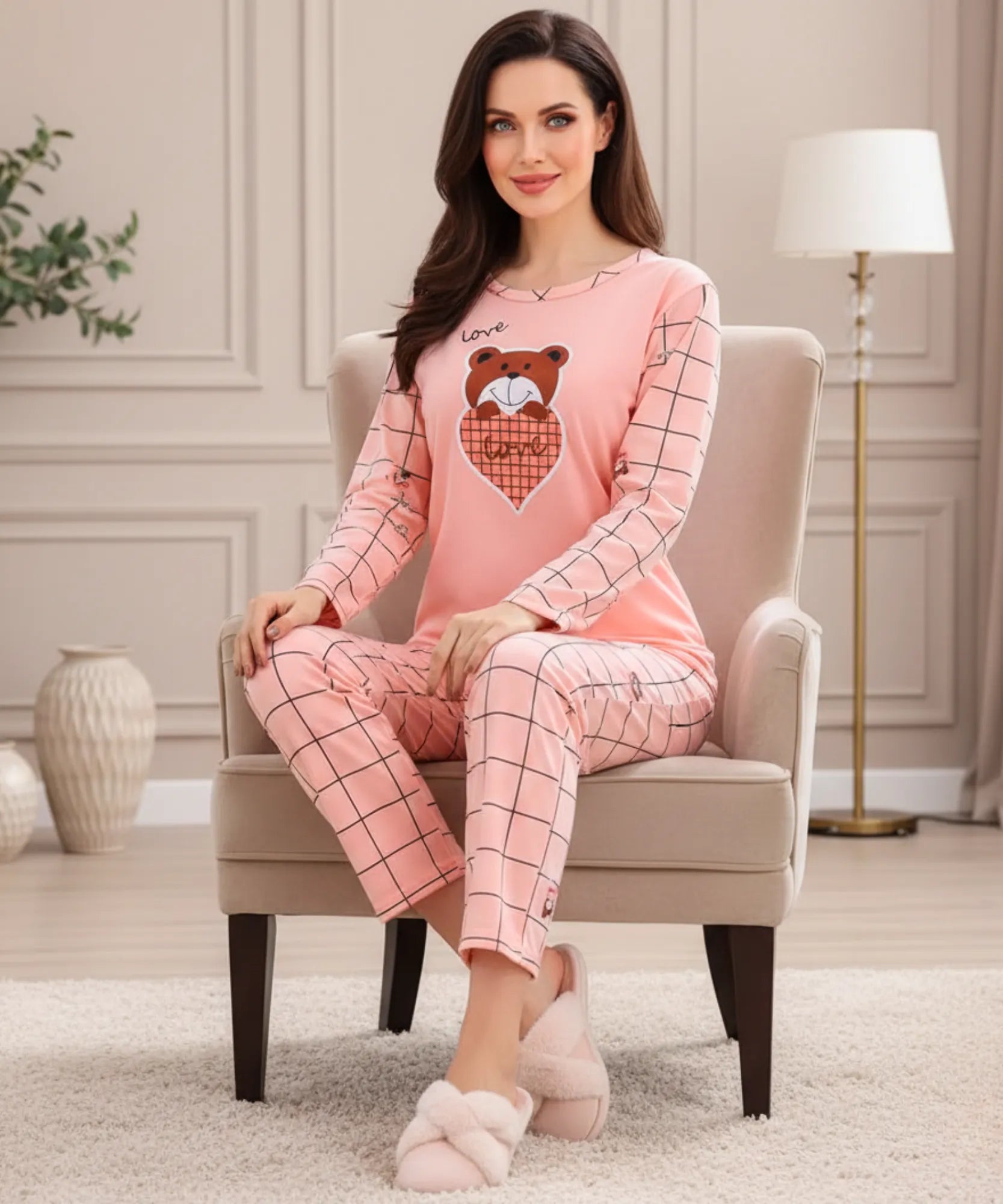 Comprar pijama feminino algodão longo manga longa calça pantalona macio confortável estampado barato 