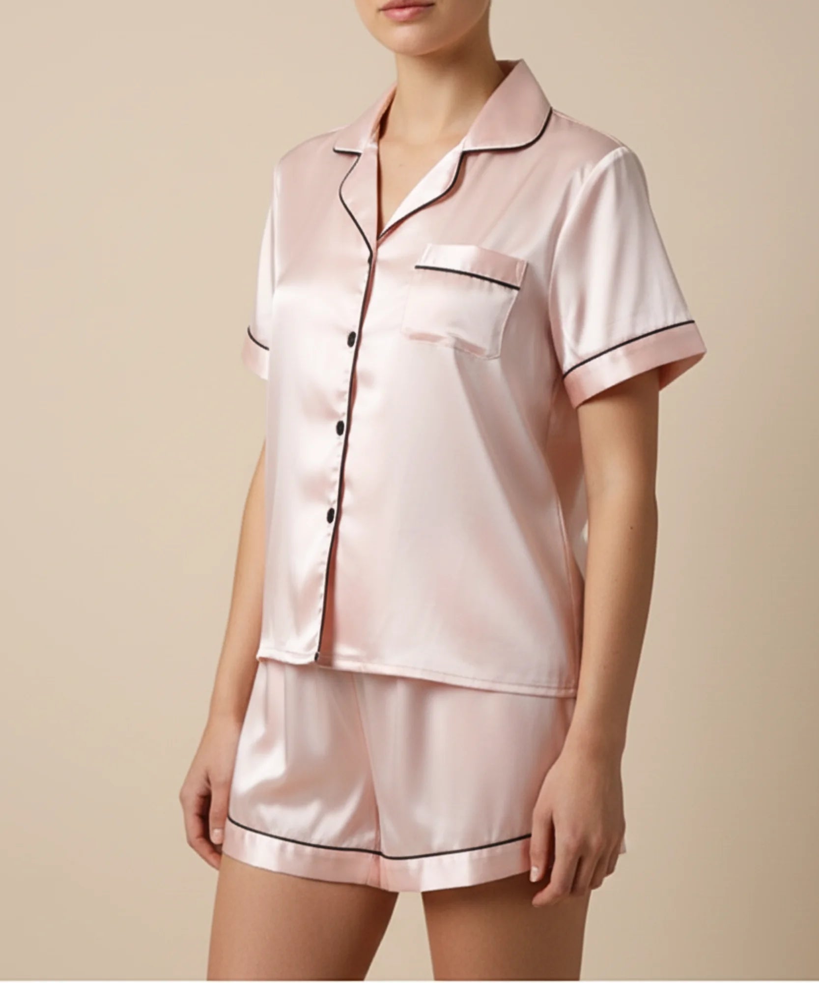  Comprar pijama feminino cetim americano manga curta botão frontal short conjunto 2 peças barato em promoção