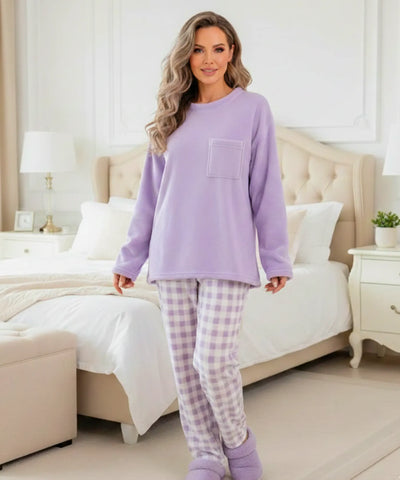 Comprar pijama feminino inverno plush conjunto blusa calça xadrez manga longa macio barato promoção ANELLIMN
