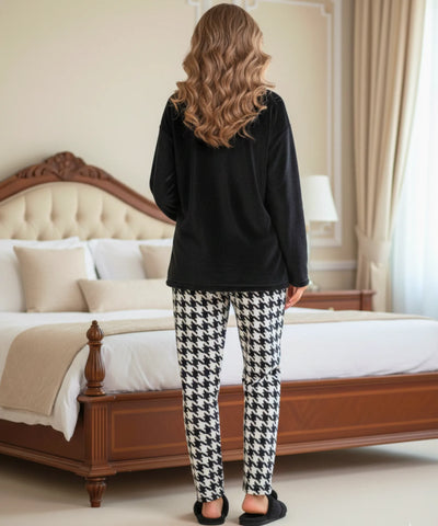 Comprar pijama feminino inverno plush conjunto blusa calça xadrez manga longa macio barato promoção ANELLIMN
