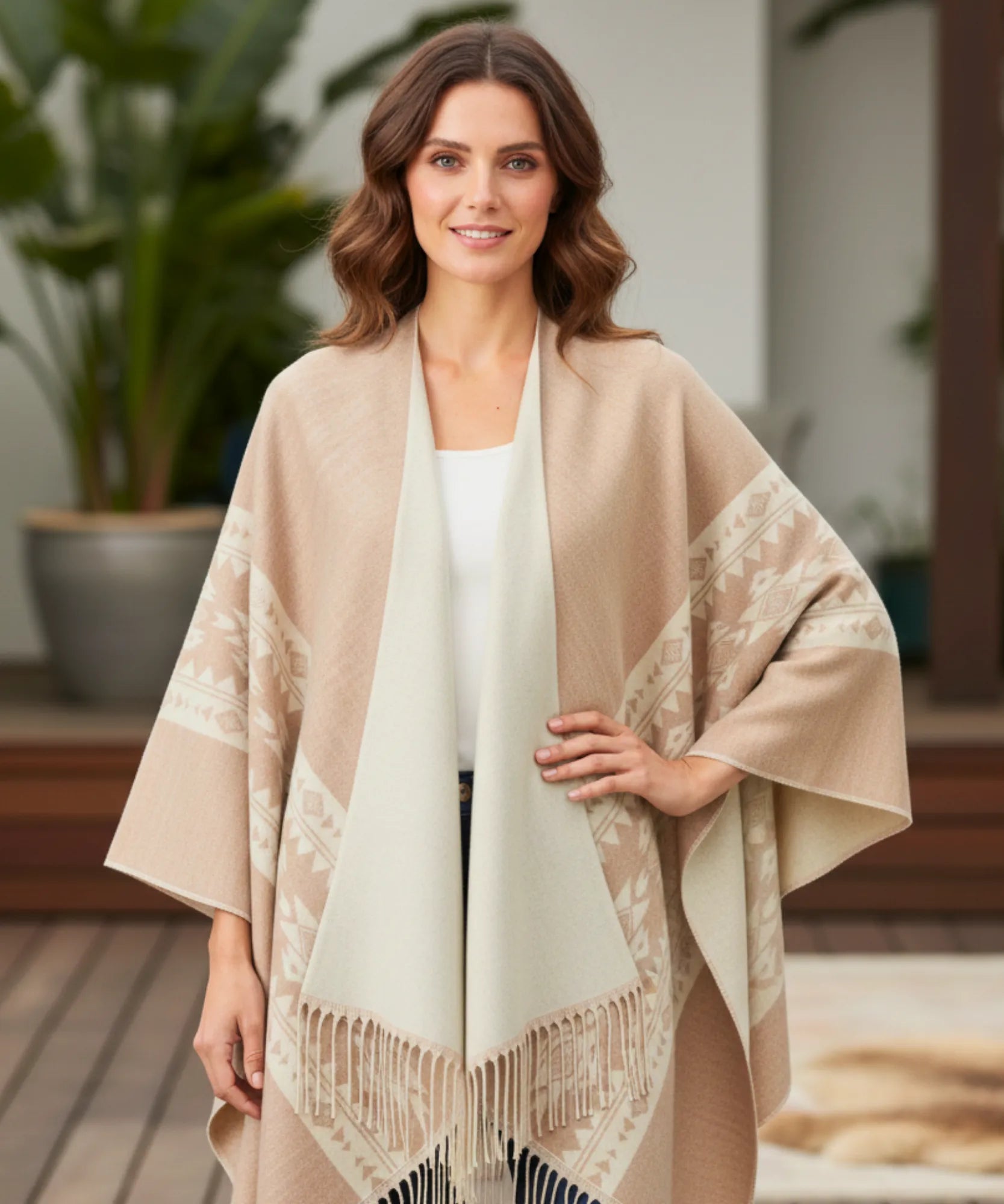 Comprar poncho feminino com estampa étnica e franjas elegantes para meia-estação com caimento leve em promoção ZARA