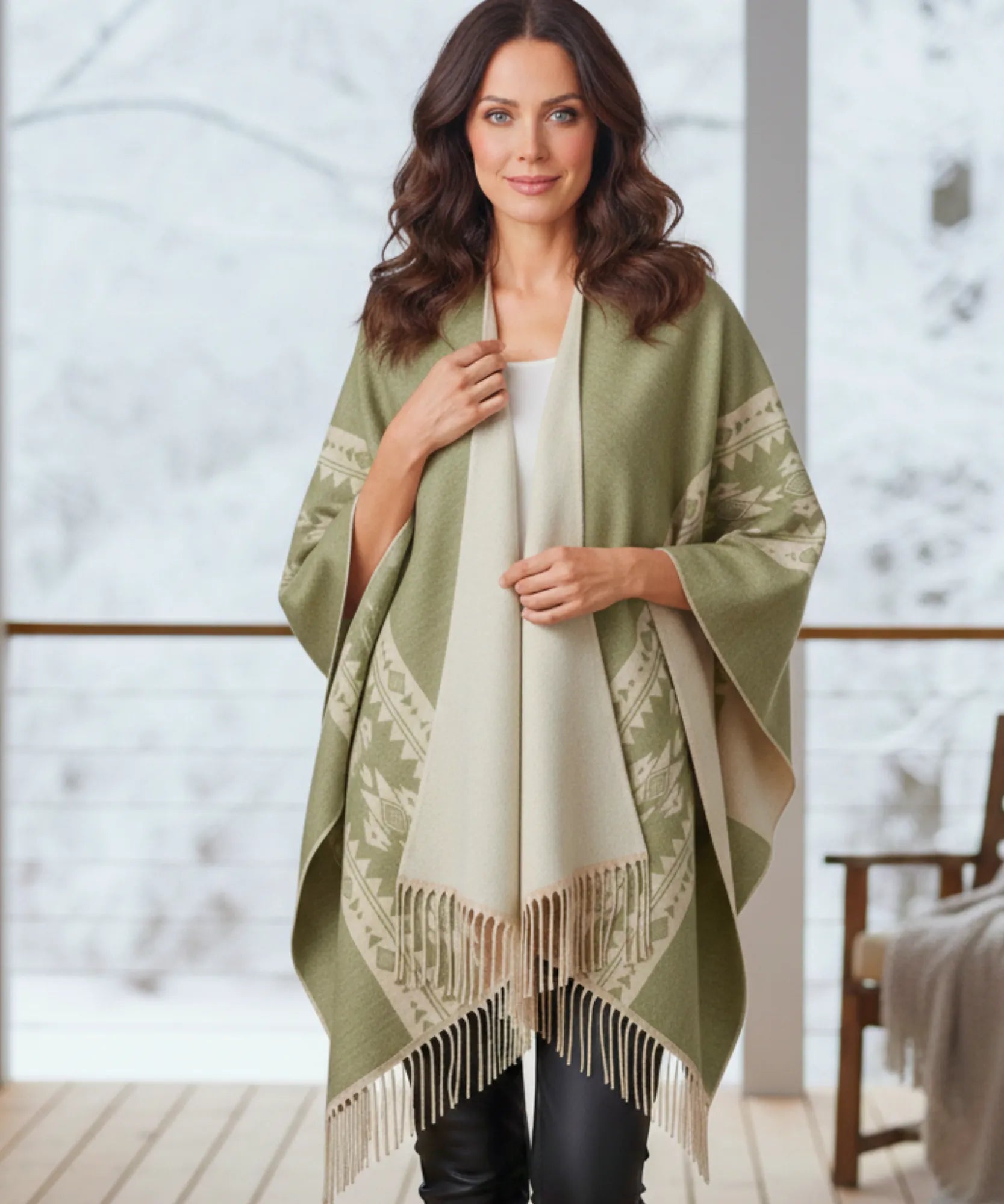 Comprar poncho feminino com estampa étnica e franjas elegantes para meia-estação com caimento leve em promoção ZARA