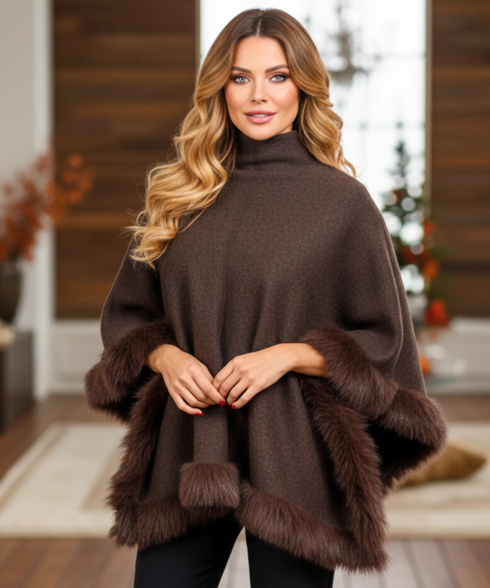 Comprar poncho feminino gola alta com pelo sintético macio quente inverno elegante em promoção ZARA