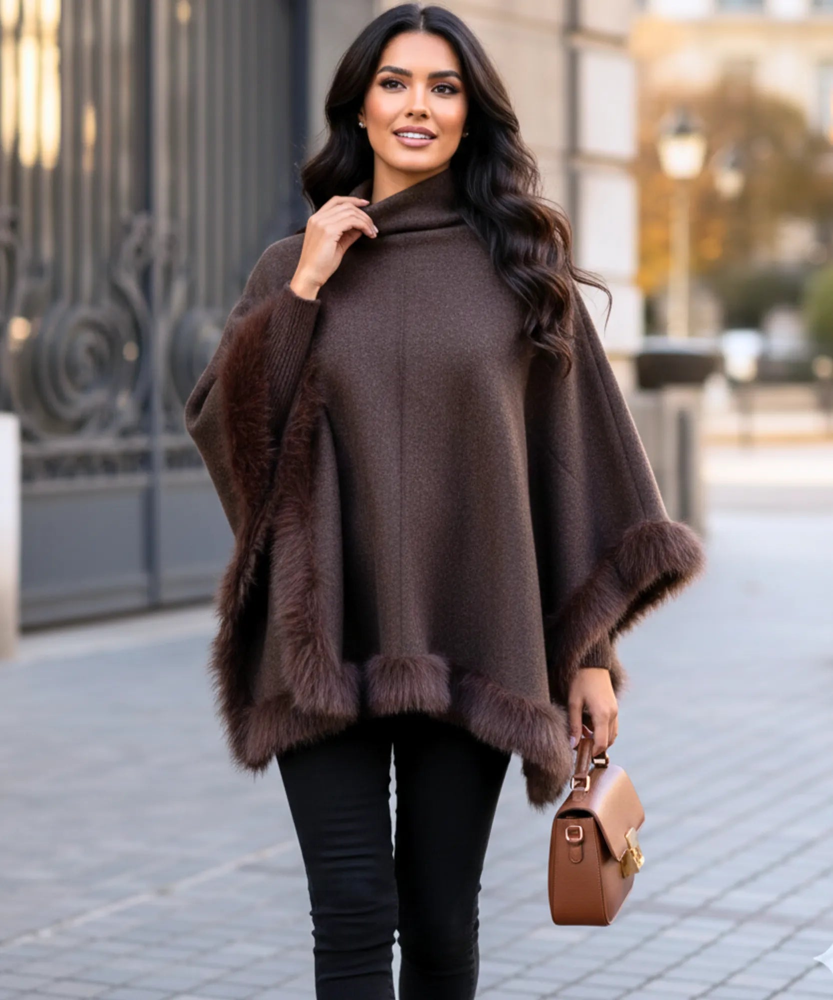 Comprar poncho feminino gola alta com pelo sintético macio quente inverno elegante em promoção ZARA