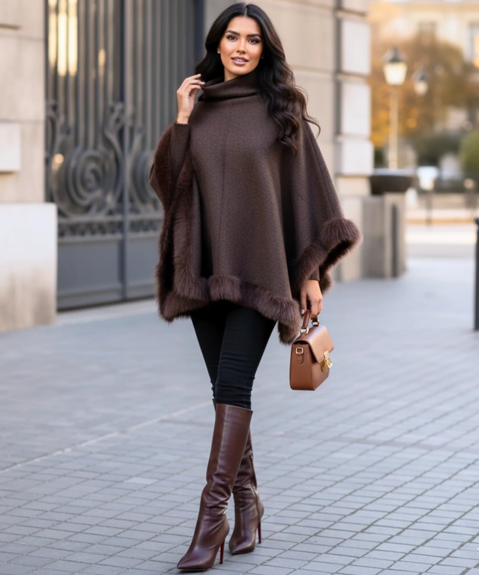 Comprar poncho feminino gola alta com pelo sintético macio quente inverno elegante em promoção ZARA