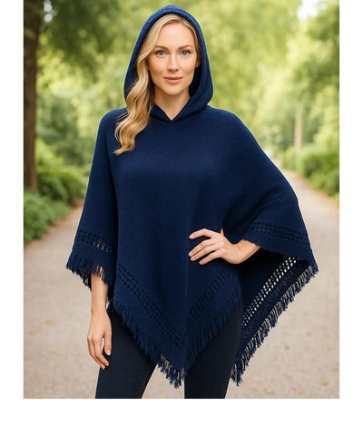 Comprar poncho feminino tricot  azul marinho com capuz e franjas elegante para inverno em promoção ANELLIMN
