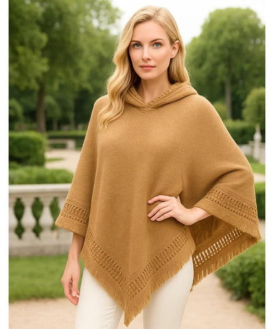 Comprar poncho feminino tricot  bege com capuz e franjas elegante para inverno em promoção ANELLIMN
