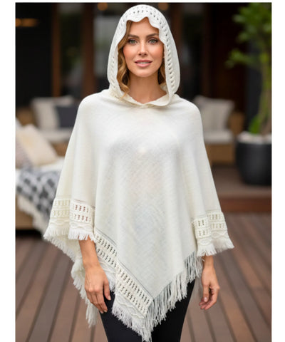 Comprar poncho feminino tricot com capuz e franjas elegante para inverno em promoção ANELLIMN